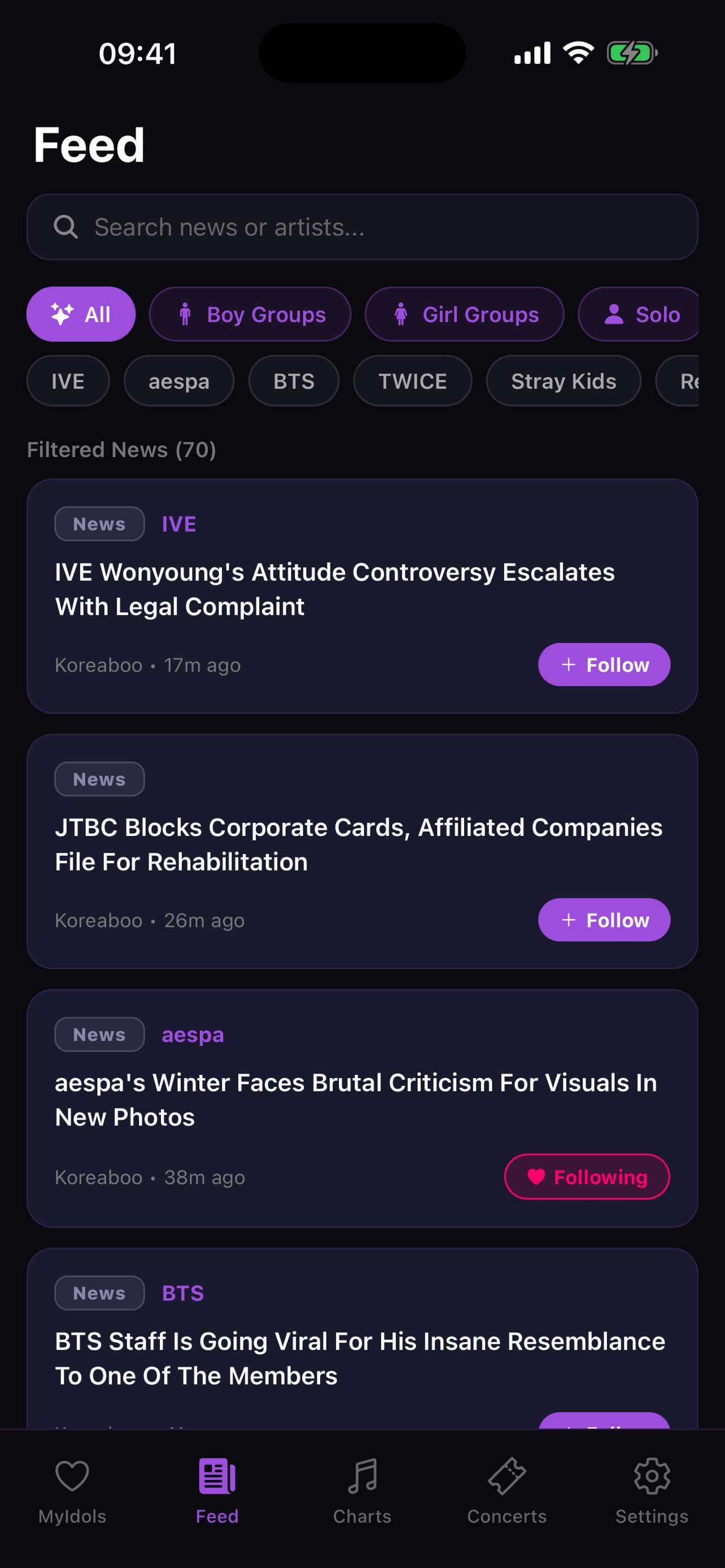 IDOLYN News Feed screen